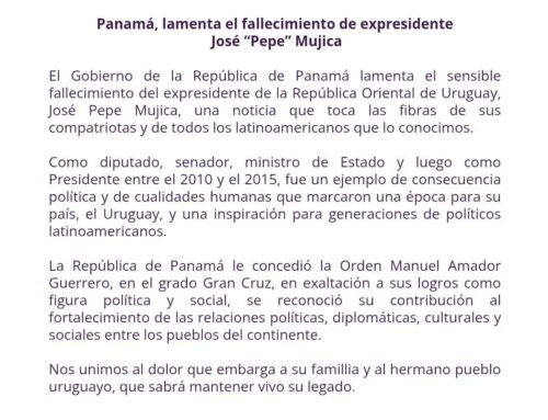 Panamá, lamenta el fallecimiento del expresidente José “Pepe” Mujica