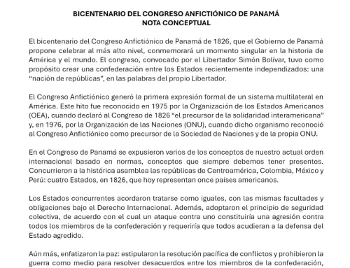 Panamá agradece apoyo recibido a conmemoración del Bicentenario del Congreso Anfictiónico